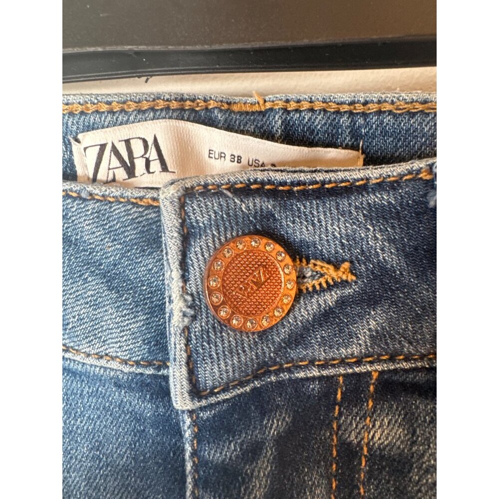 ZARA Womens 6/28 Distressed Cuffed Jeans Size Blue Denim Mid-Rise - Picture 6 of 12